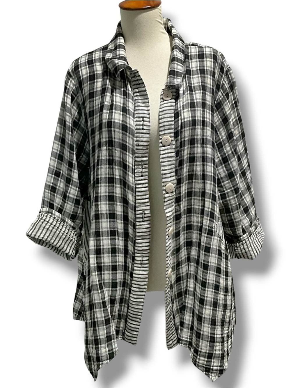 Yushi Shirt Gauze Women's XL 3/4 Sleeve White Black Plaid Button Up 100% Cotton